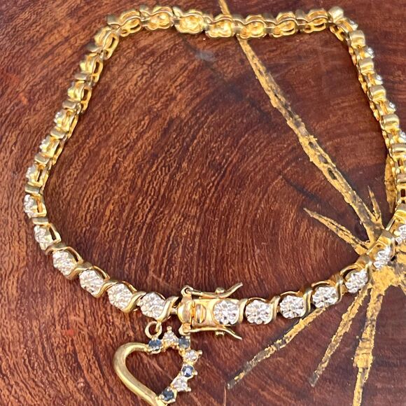 Vintage Heart Charm Tennis Bracelet Sterling Silver Gold Plated Jewelry - Picture 10 of 10